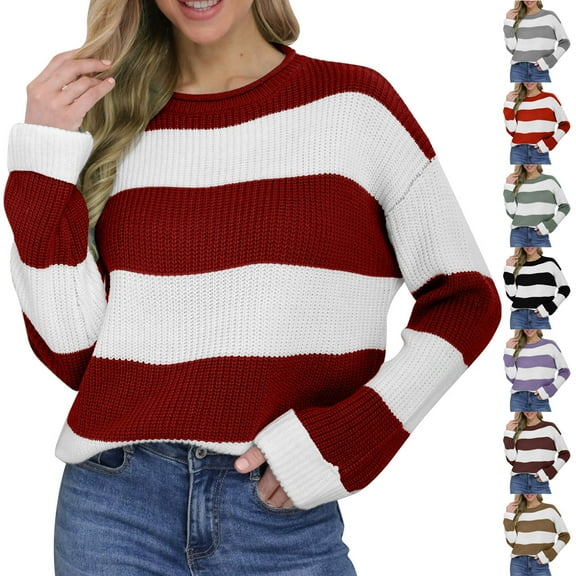 Loopsun Womens Winter Tops, Knitted Sweaters for Women, Women's Pullover Round Neck Color Block Striped Long Sleeve Knitted Sweater Top Khaki, L