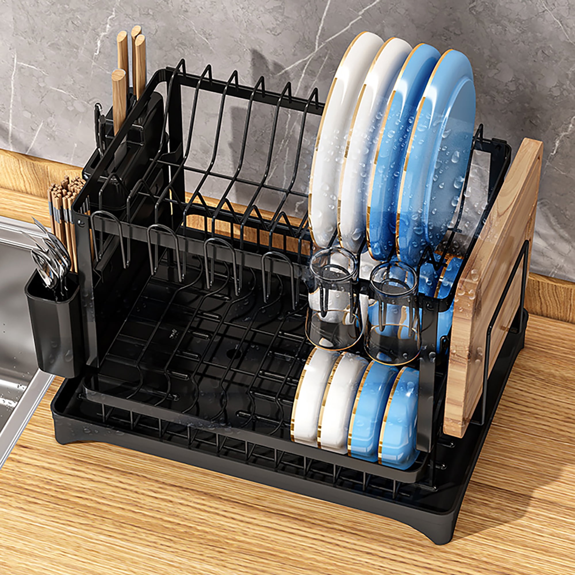 SIDIANBAN Dish Drying Rack for Kitchen Counter, 2-Tier Dish Racks with Drainboard, Stainless Steel Utensil Holder,Black