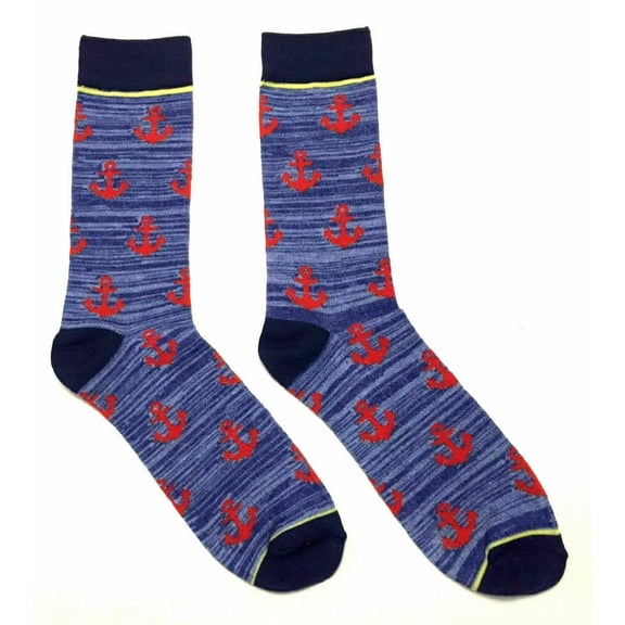 Blue Marled Red Anchor All Over Print Knit Crew Socks