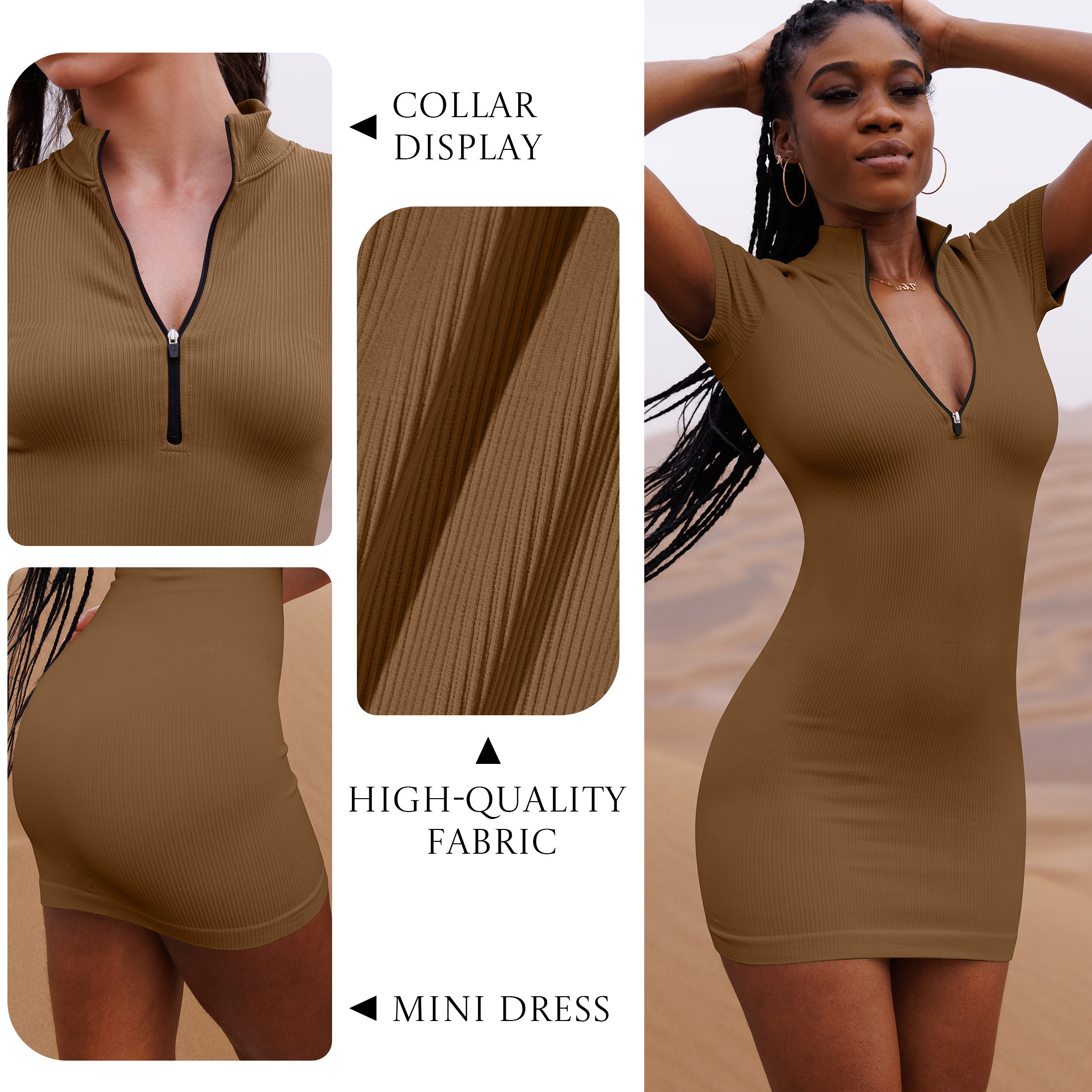 OQQ Women's 2 Piece Dresses Sexy Ribbed Zip Front Short Sleeve Stretch Tops Mini Dress