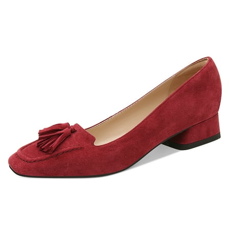 YDN Women Fashion Block Low Heel Loafers Slip On Square Toe Tassel Fringed Pumps Dressy Party Office Daily Shoes Size 16 Red