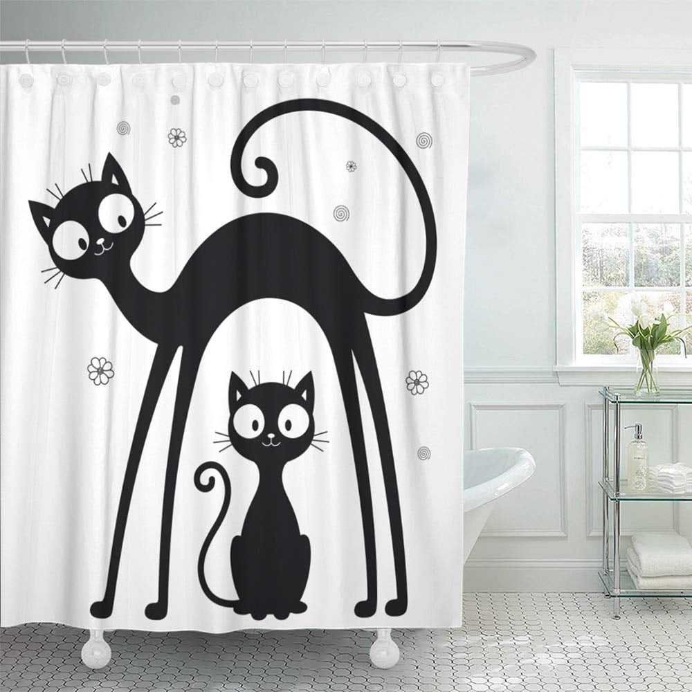 72X72" White Cat Silhouette Shower Curtain Set Black and White Bahthoom Decor 