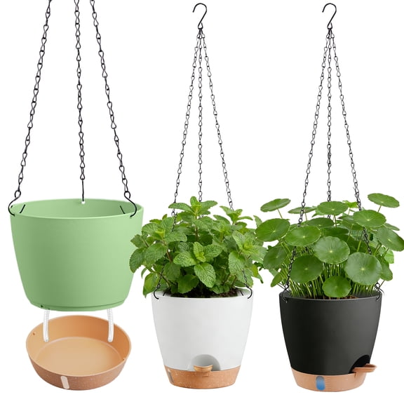 urorentea 3 Pack 10 Inch Self-Watering Hanging Planters, with Visible and Removable Saucer, Watering Lip, Drainage Holes, Hanging Flower Pot for Indoor&Outdoor Plants