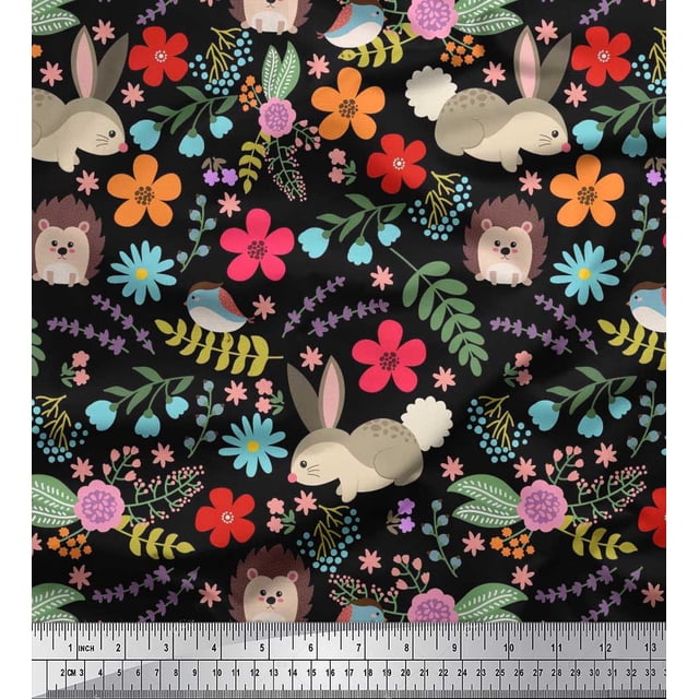 Soimoi Polyester Crepe Fabric Floral,Rabbit & Porcupine Cartoon Decor Fabric Printed Yard 42 Inch Wide