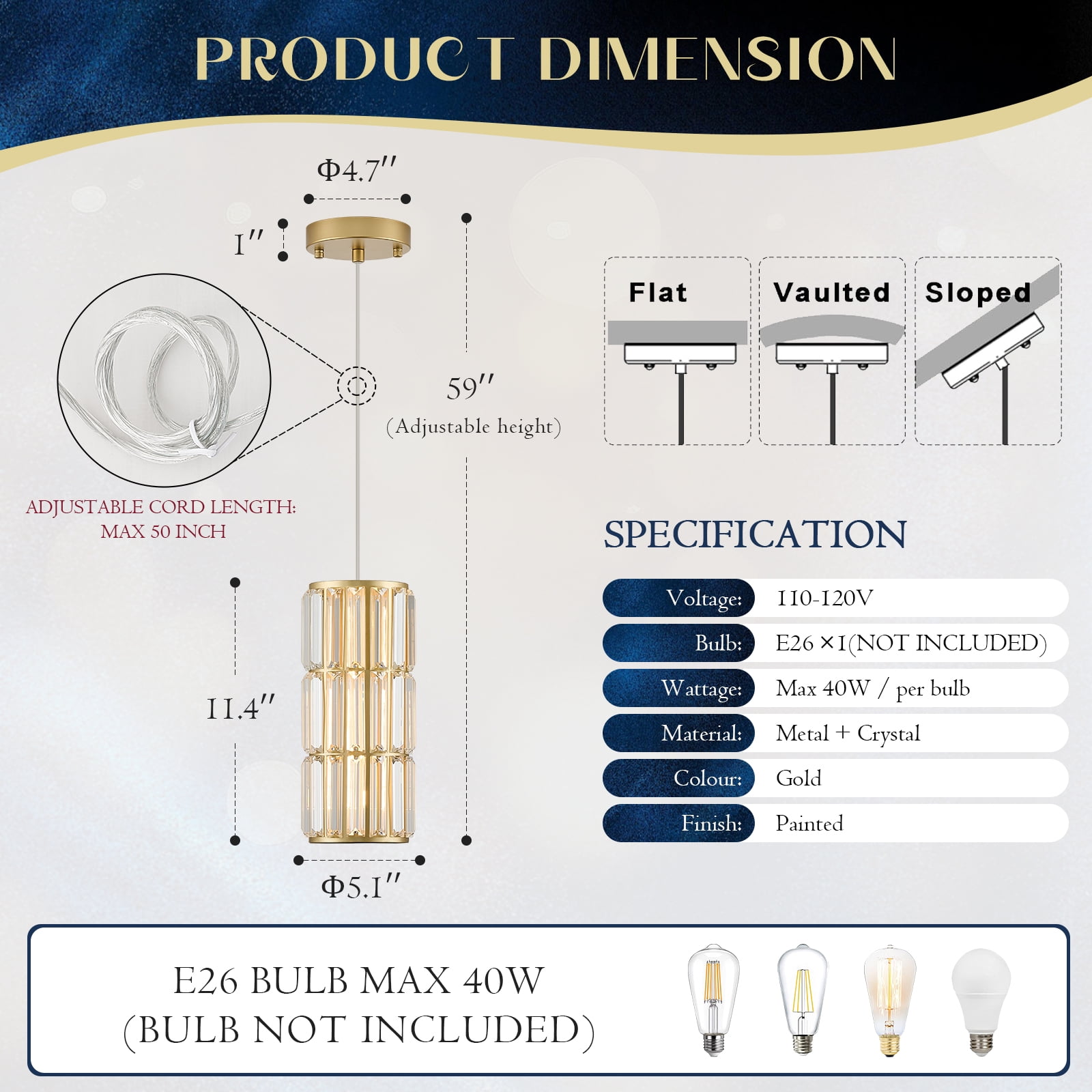 Gold Crystal Pendant Light for Kitchen Island, Mini Hanging Light Fixture with K9 Prism Crystals, 1-Light Modern Ceiling Pendant in Brass Finish for Dining Room, Bedroom, Bathroom,  E26