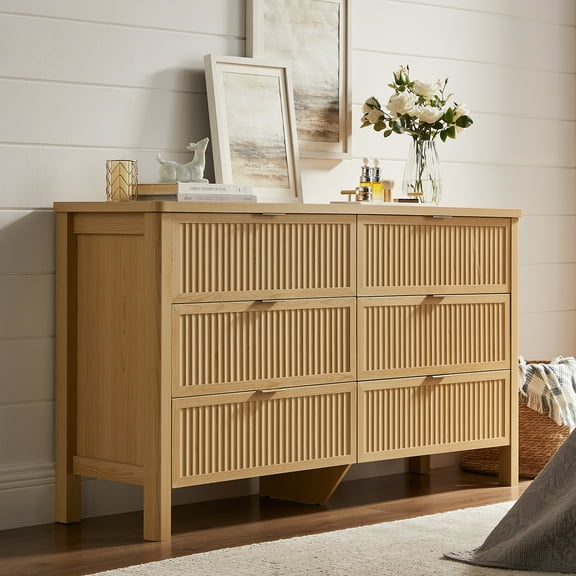 Fluted 6 Drawers Dresser for Bedroom, 55 Inch Wide Modern Wood Chest of Drawers, Mid Century Chests Drawer Clothing Organizer for Hallway (Natural Oak)