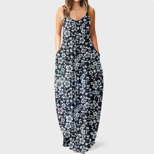 Lenago Robes d'Été Grande Taille pour Femmes Mode Été Sexy Bretelles Taille Mi-Haute Col en V Sans Manches Imprimé Slim Fête Plage Longue Robe Été Plage en Solde