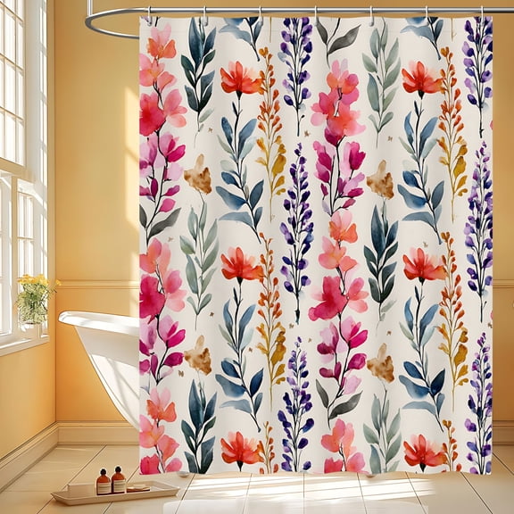 Boho Floral Shower Curtain Watercolor Wildflower Cloth Shower Curtain Set, Farmhouse Botanical Bathroom Curtain with Hooks for Bathroom Decor, 60x72inch