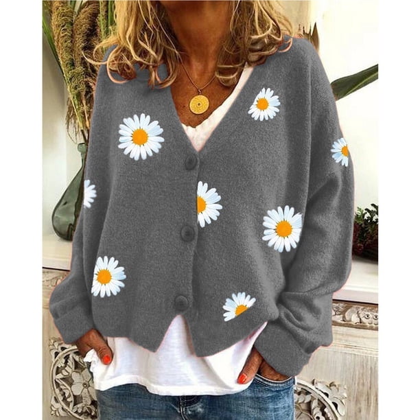 Suéter de mujer europeo y americano de otoño e invierno, cárdigan de punto suelto bordado con cuello en V y manga larga, abrigo grueso para mujer