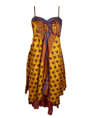 Mogul Women Golden Maroon Vintage Recycled Sari Printed Sundress Layered Spaghetti Strap Beach Summer Dresses S/M