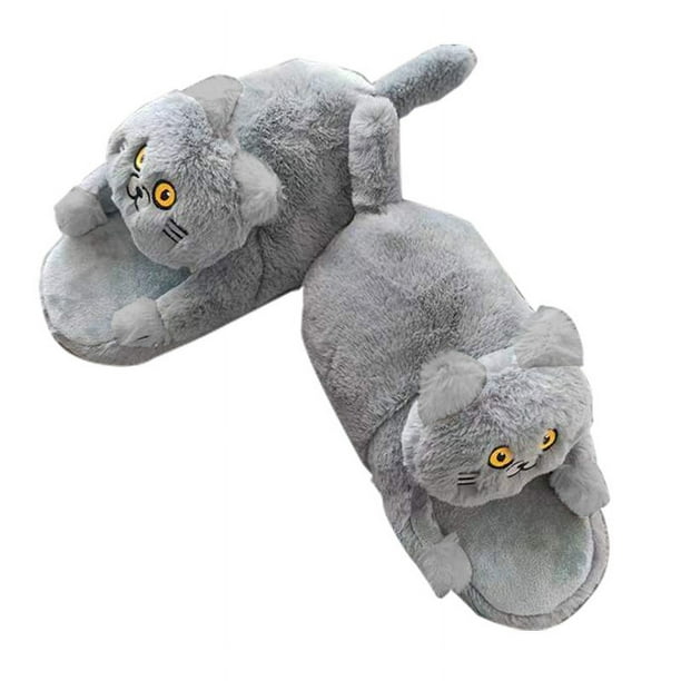 Pantuflas grises con forma de gato, peluche, cálidas, antideslizantes, para interiores