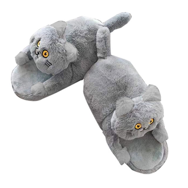 Pantuflas grises con forma de gato, peluche, cálidas, antideslizantes, para interiores
