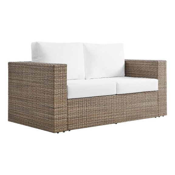 Pemberly Row Outdoor Synthetic Rattan Loveseat in Cappuccino/White