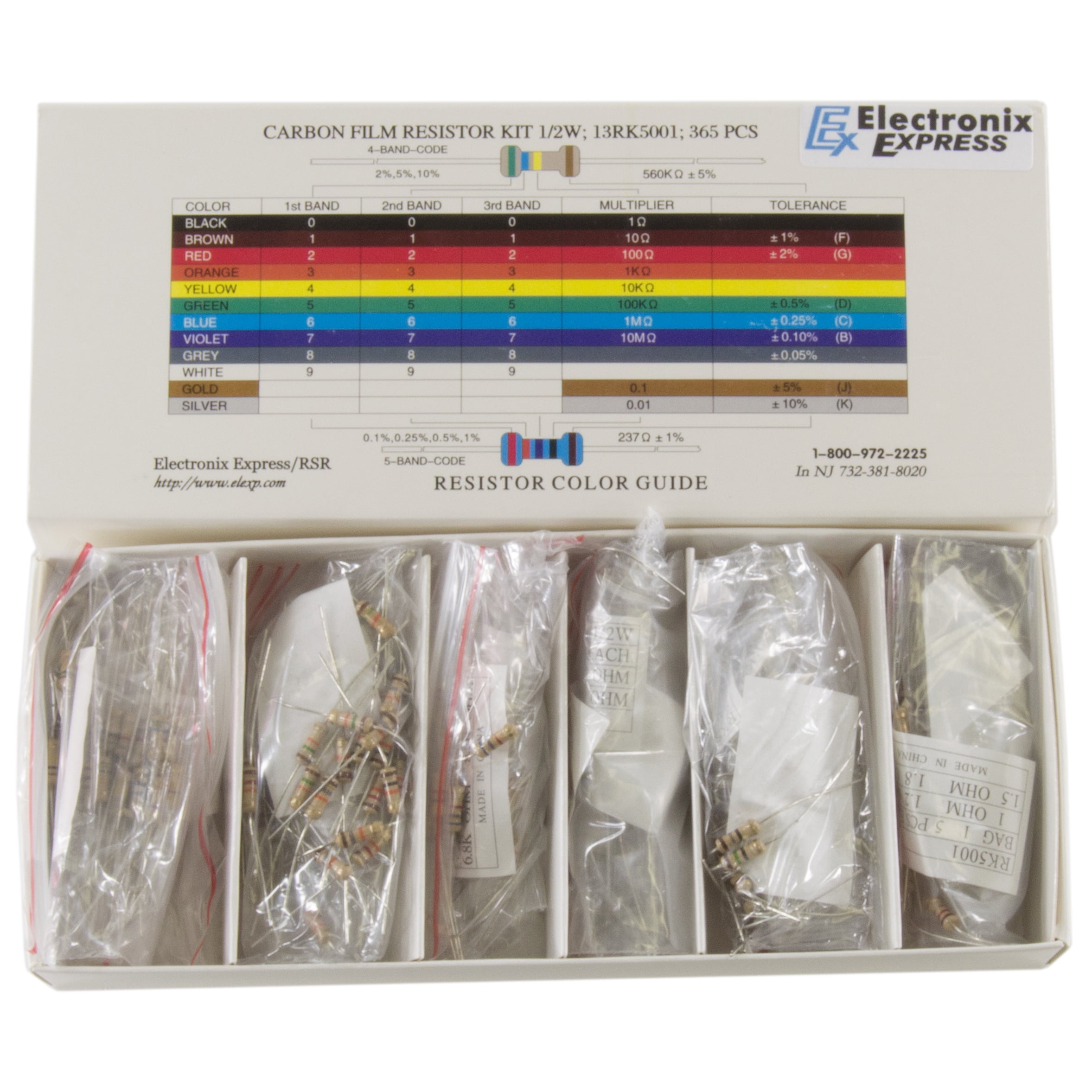 365 Piece Resistor Kit 1/2 Watt in Compartmentalized Cardboard Storage