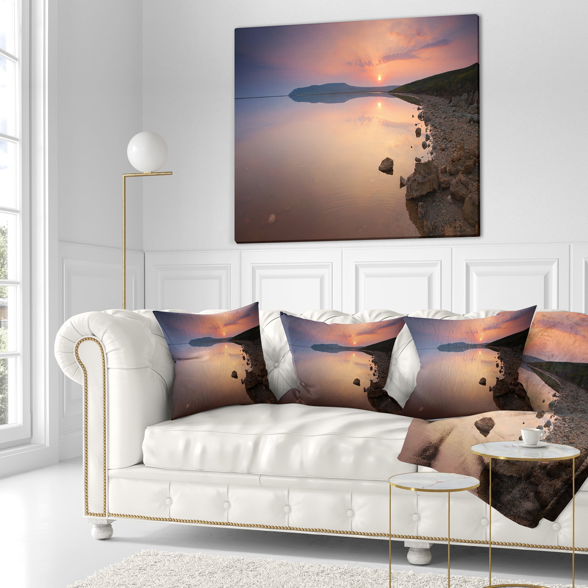 Designart Beautiful Sunrise over Tranquil Sea - Seashore Throw Pillow - 18x18