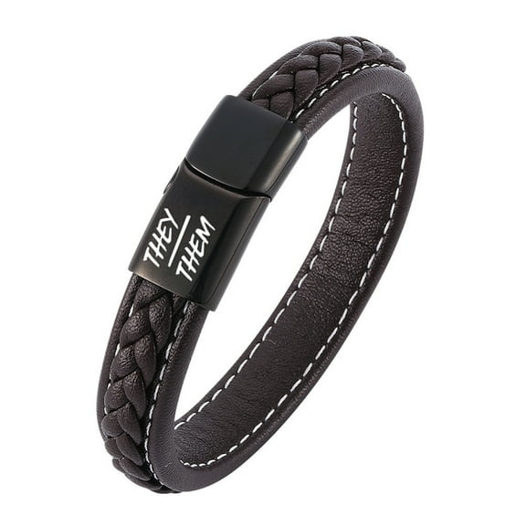 LGBT Gay Pride Jewelry - They Them Pronoun Leather Bracelet Non-Binary Cuff Bangle - Homosexual Bisexual Transgender Identity Wristband, 8.07'', Brown