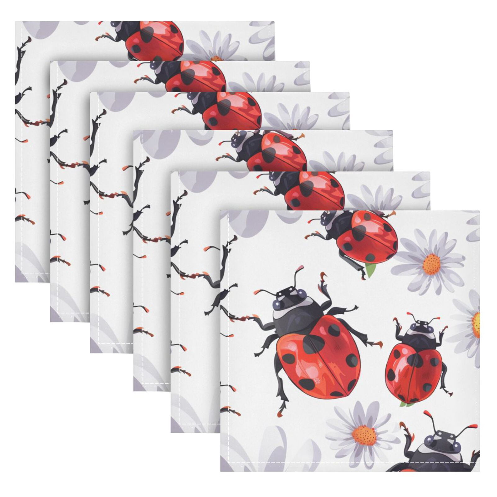 JSTEL Lady Bug Daisy Flower Cloth Napkins Set of 6, 20x20 Inch Washable and Reusable Napkin for Decoupage Dinner Party Everyday Use