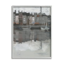 Stupell Industries Dark Sailboat Seaport Murky Coastal City Landscape Travel & Places Painting Gray Framed Art Print Wall Art, 24 x 30