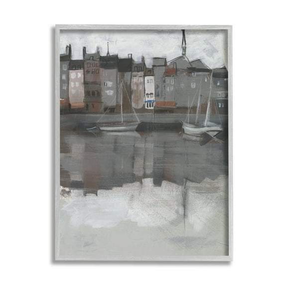 Stupell Industries Dark Sailboat Seaport Murky Coastal City Landscape Travel & Places Painting Gray Framed Art Print Wall Art, 24 x 30