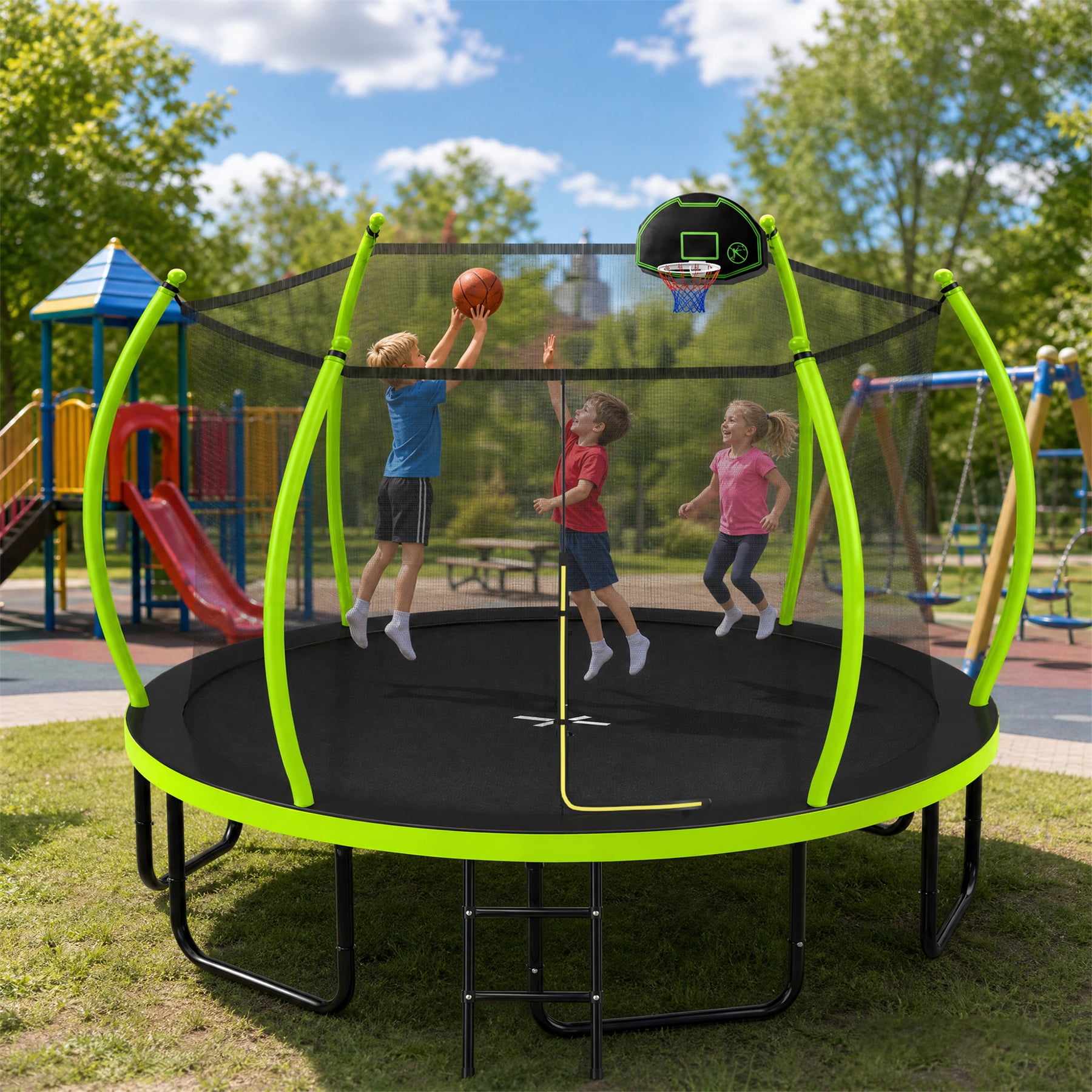 Alvantor 16Ft Trampoline for Kids, Pumpkin Trampoline with Enclosure Net and Basketball Hoop Green