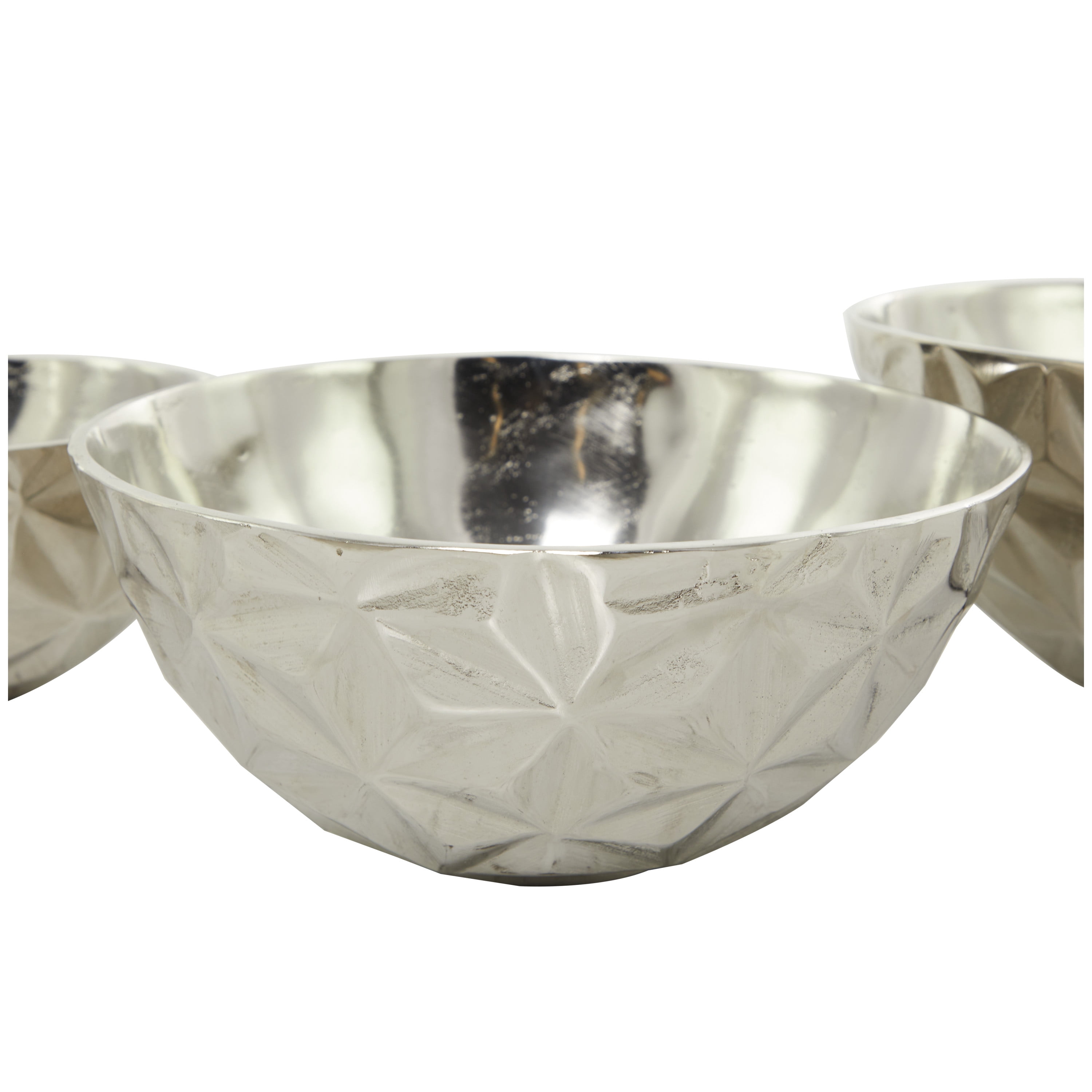 DecMode Modern Aluminum Round Shaped with Faceted Surface Decorative Bowl with Silver Glossy Interior Finish, Set of 3 14", 12", 10"
