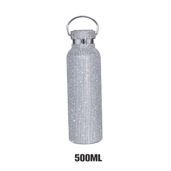 350/500/600/750ml Glitter Vacuum Flasks Stainless Steel Rhinestone with Handle Handmade Tea Bottle Kettle Cup Home Car Tumbler Silver/500ml