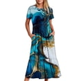 thumbnail image 6 of Penkiiy Women's Summer Casual Short Sleeve Crewneck Dress Casual Flowy Tiered Maxi Beach Dress With Pockets Marble Print Dress 2XL Blue, 6 of 7