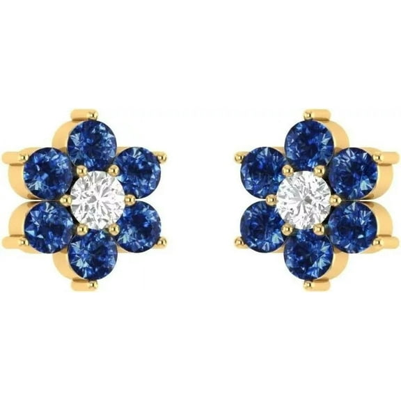 14K Yellow Gold Plated Round Cut Diamond Blue Sapphire Halo Stud Earrings for Women