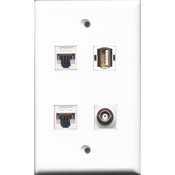 RiteAV 1 Port USB A-A and 1 Port BNC 2 Port Cat5e Ethernet White Wall Plate
