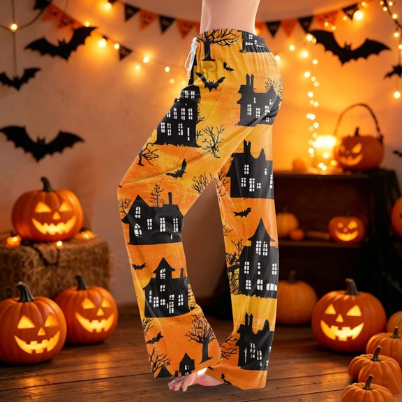 Womens Lounge Pants Halloween Spooky Print Elastic Waist Comfy Pjs Casual Bottoms