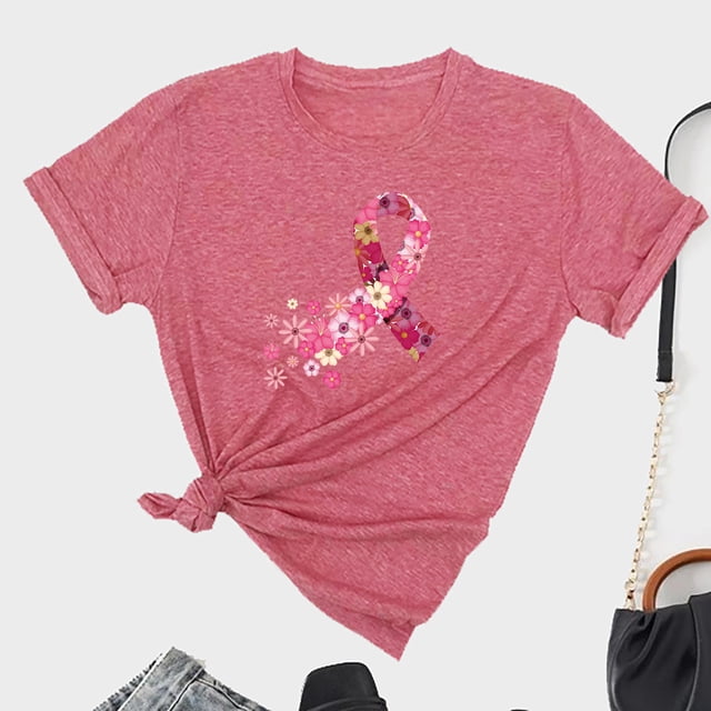 TIMIFIS Chandails de Sensibilisation au Cancer du Sein pour Femmes Été Ample Imprimé T-Shirt à Col Rond Manches Courtes Blouse Décontractée Automne/hiver
