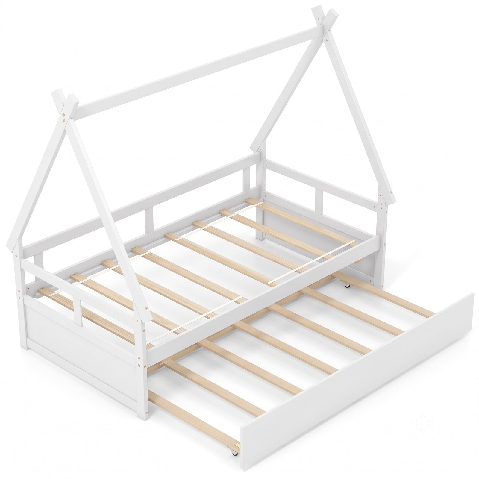 Furnibear Twin Bed Frame, Montessori House Bed with Pull Out Trundle, Safety Guardrail and Wooden Slat Support for Kids Room, White