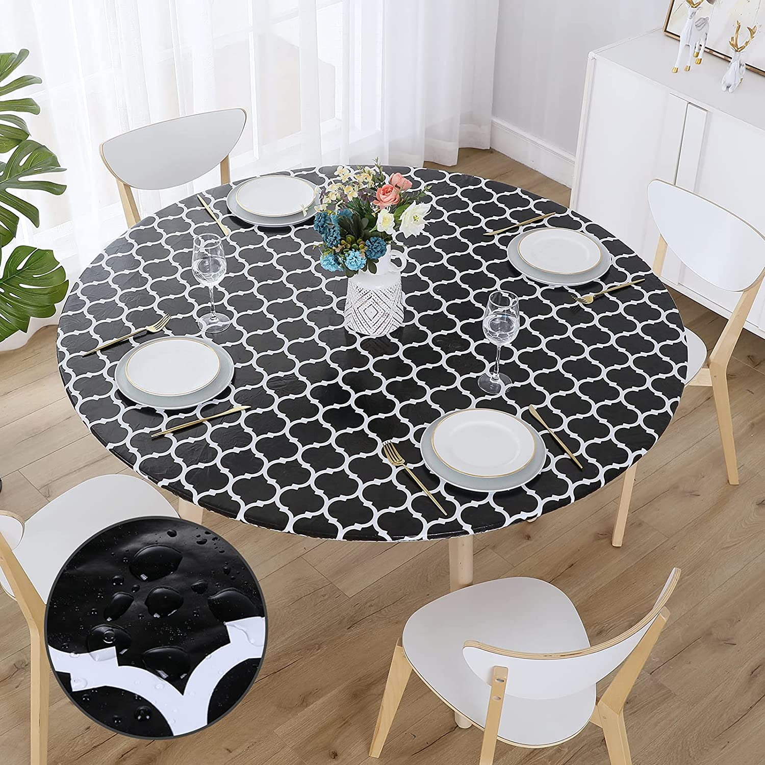Mosaic Table Cloth Round 36" to 48" Elastic Edge Fitted Vinyl Table Cover Tus... 