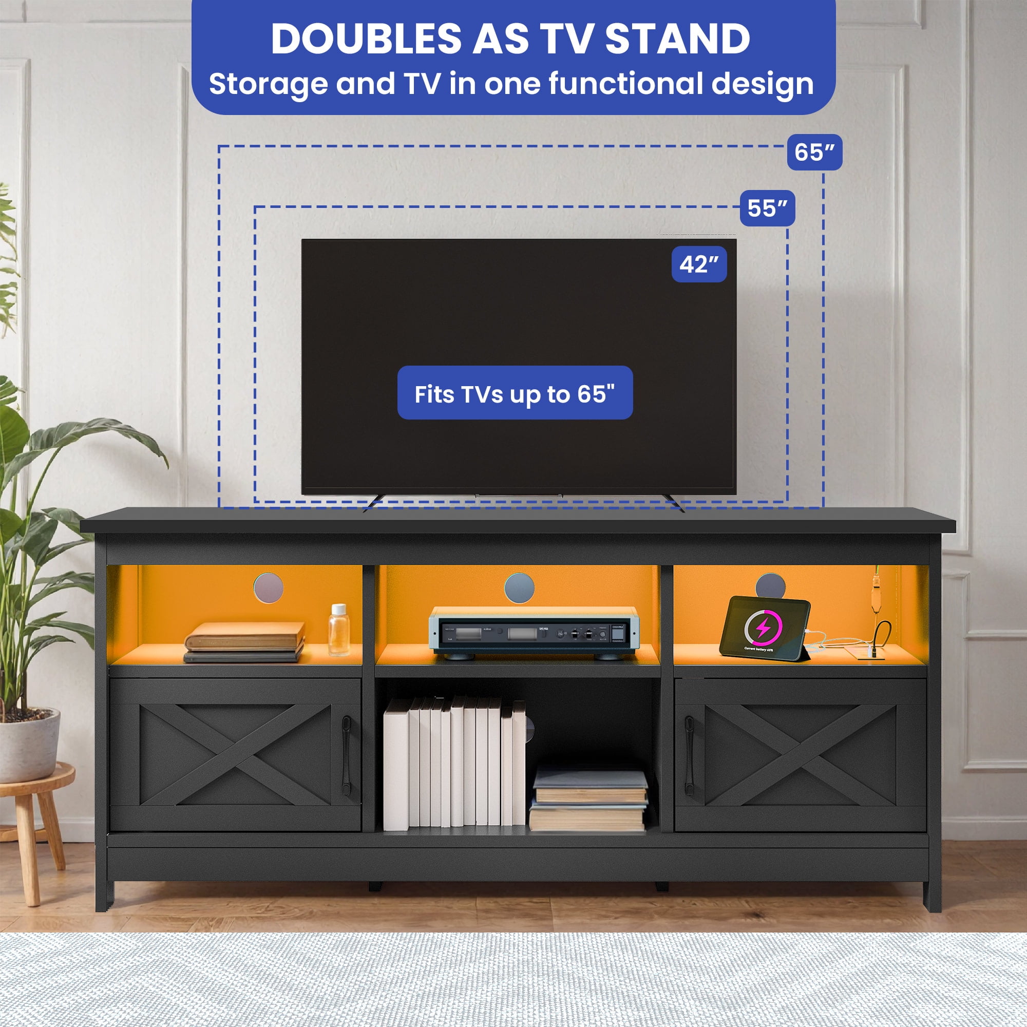 Uforic Farmhouse 59'' TV Stand with Storage Cabinets for Living Room, Bedroom, Black