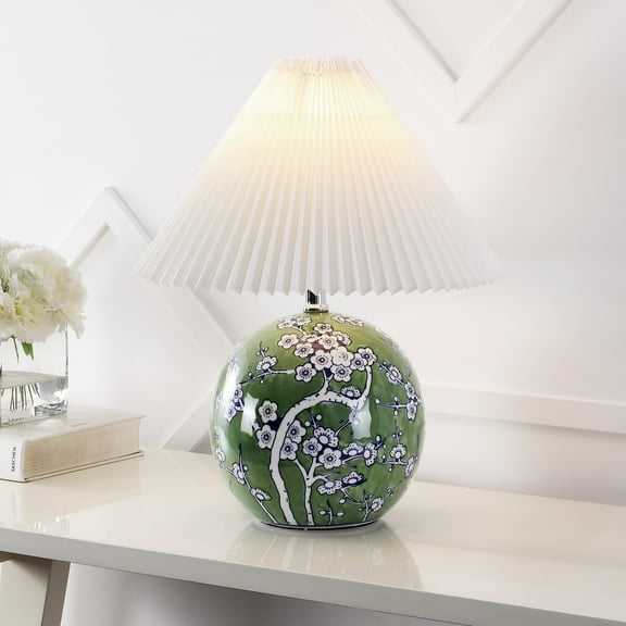 JONATHAN Y Shishen 19.5" Cottage Classic Chinoiserie Ceramic Orb LED Table Lamp with Pleated Shade, Green/White, JYL5056A