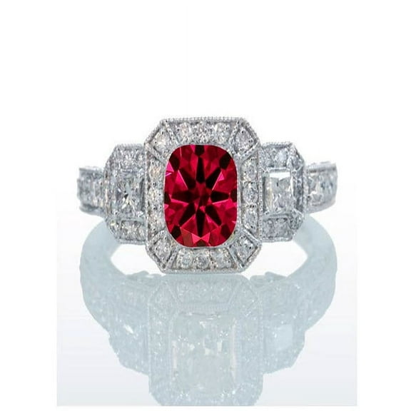 2 Carat Princess Cut Trilogy Ruby and Diamond Vintage Halo Engagement Ring on 10k White Gold