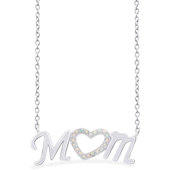 AFFY 14K White Gold Over Sterling Silver Round Cut Synthetic Rainbow Opal Mom Heart Pendant Necklace Jewelry Gift