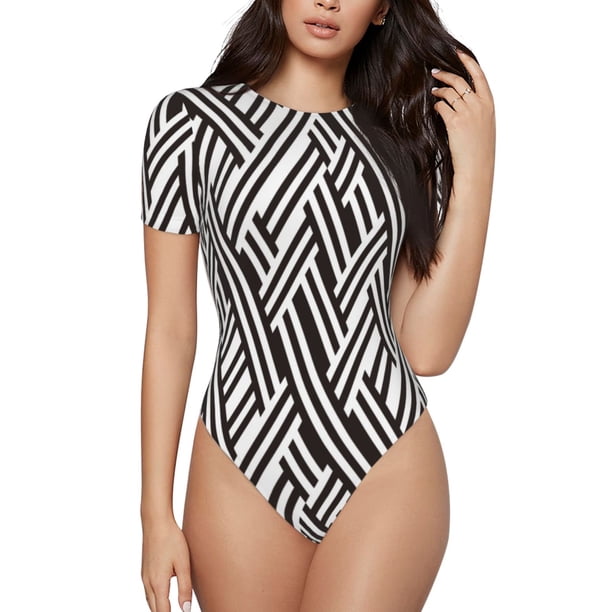 Balery Black White Stripes Body de cuello redondo de manga corta para mujer Tops de manga corta Tops básicos-Medium