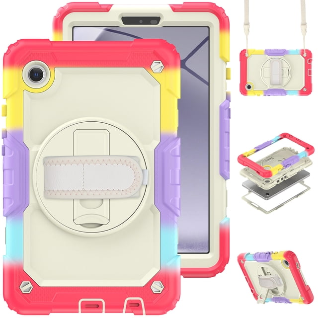 XYX For Samsung Galaxy Tab A9 Case 8.7 inch, 360 Rotating Shockproof Cover with Stand, Screen Protector, Shoulder Strap (2023, SM-X110/X115/X117), Rainbow Red
