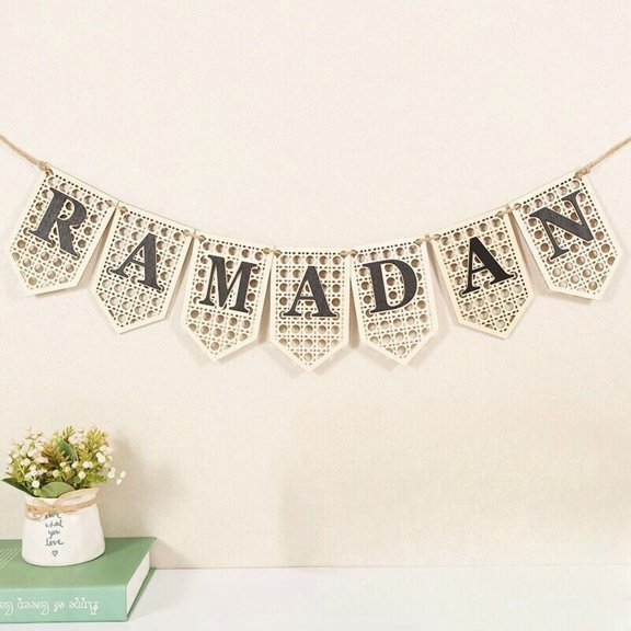 Wooden Ramadan Kareem Eid Mubarak Banner Bunting Decor Muslim Islamic Home Decor