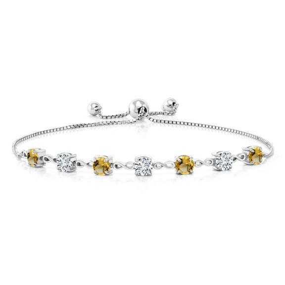 Gem Stone King 925 Sterling Silver Round Yellow Citrine and White Lab Grown Diamond Tennis Bracelet for Women (2.48 Cttw, Gemstone November Birthstone, Round 4.5MM, Fully Adjustable up to 9 inch)