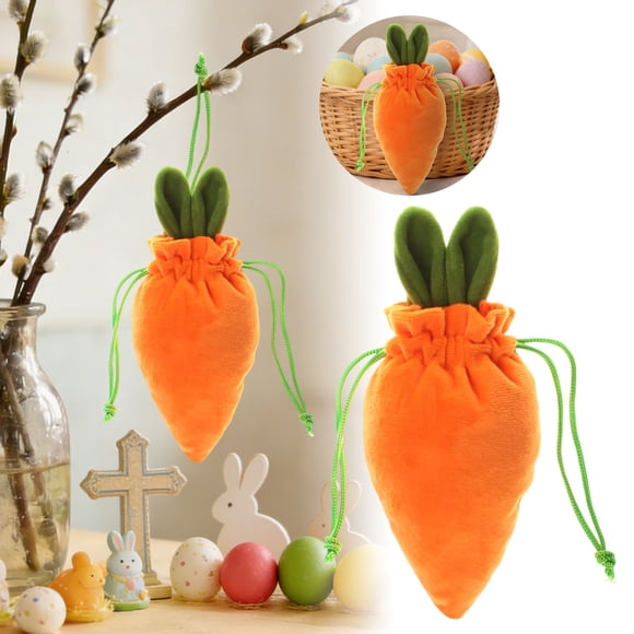 Easter Bunny Ear Carrot Candy Bags - Flock Drawstring Pouches with Rabbit & Egg Design, Holiday Treat Holders for Party Favors & Egg Hunts