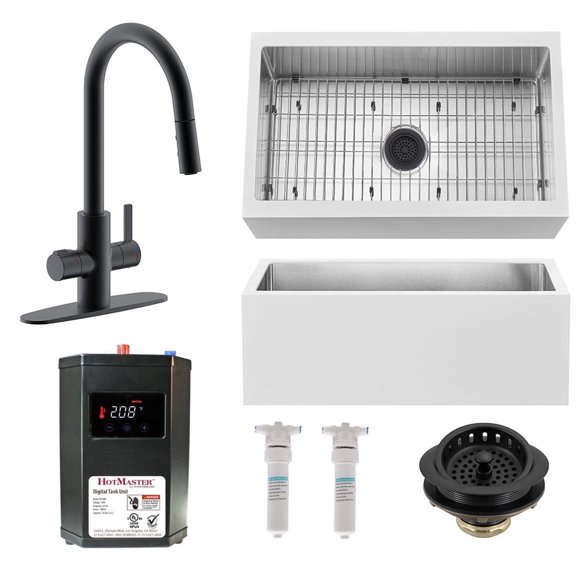 Westbrass 33" Stainless Steel/Solid Surface Kitchen Sink Kit, Matte Black
