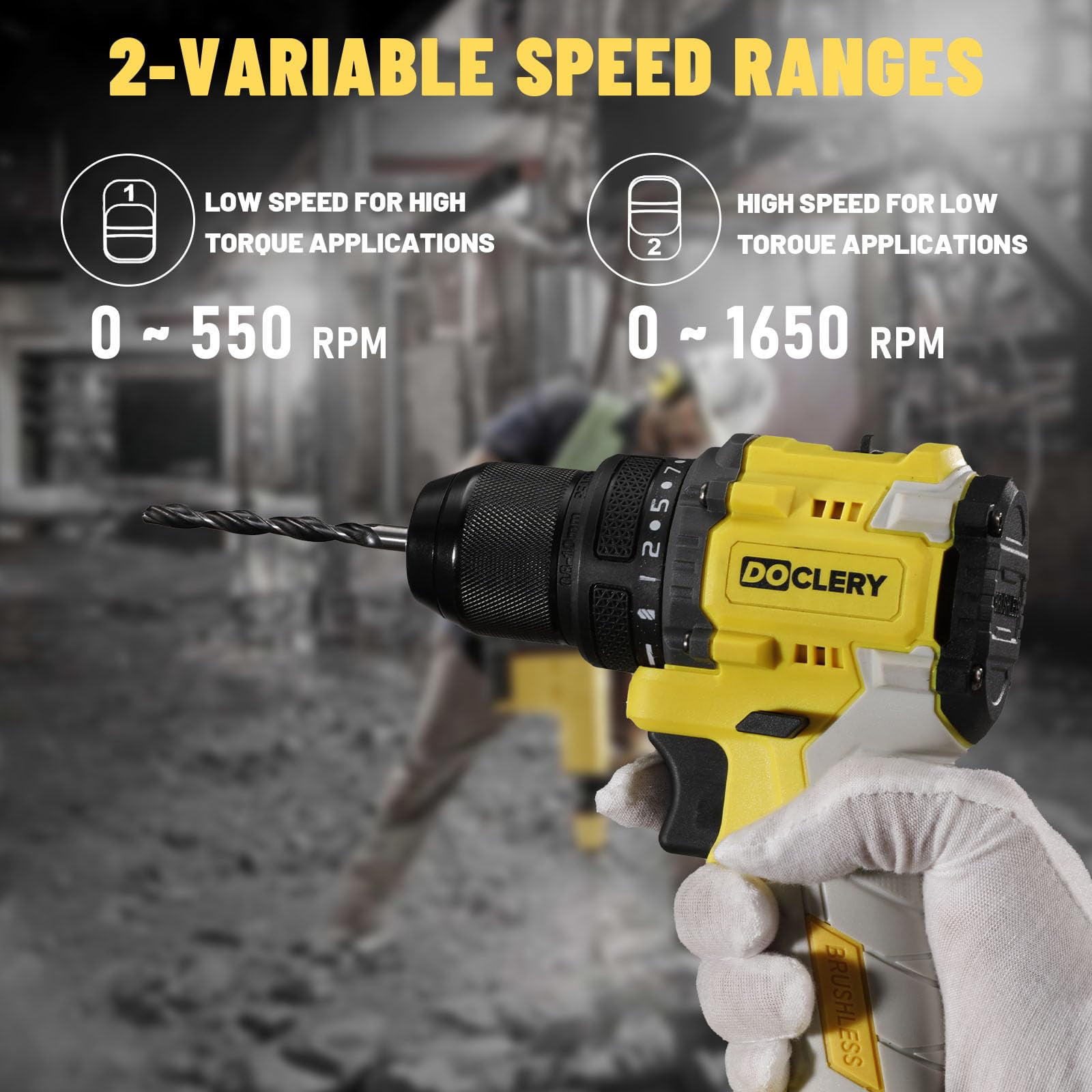 DOCLERY 20V Brushless Cordless Drill, Electric Power Drill Set with 1 Battery & Charger, 2 Variable Speed, 442.48 In-lb Torque, 21+1 Position and 34pcs Drill/Driver Bits