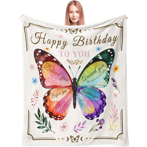 Birthday Gifts for Women, Happy Birthday Decorations for Woman Blanket with Butterfly, Bday Gift Ideas for Mom, Sister, Daughter, Friend