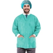 100 Pack Teal Disposable SMS Lab Jackets 50 gsm 30" Long Medium /w Snaps Front, Knit Cuffs & Collar, 3 Pockets