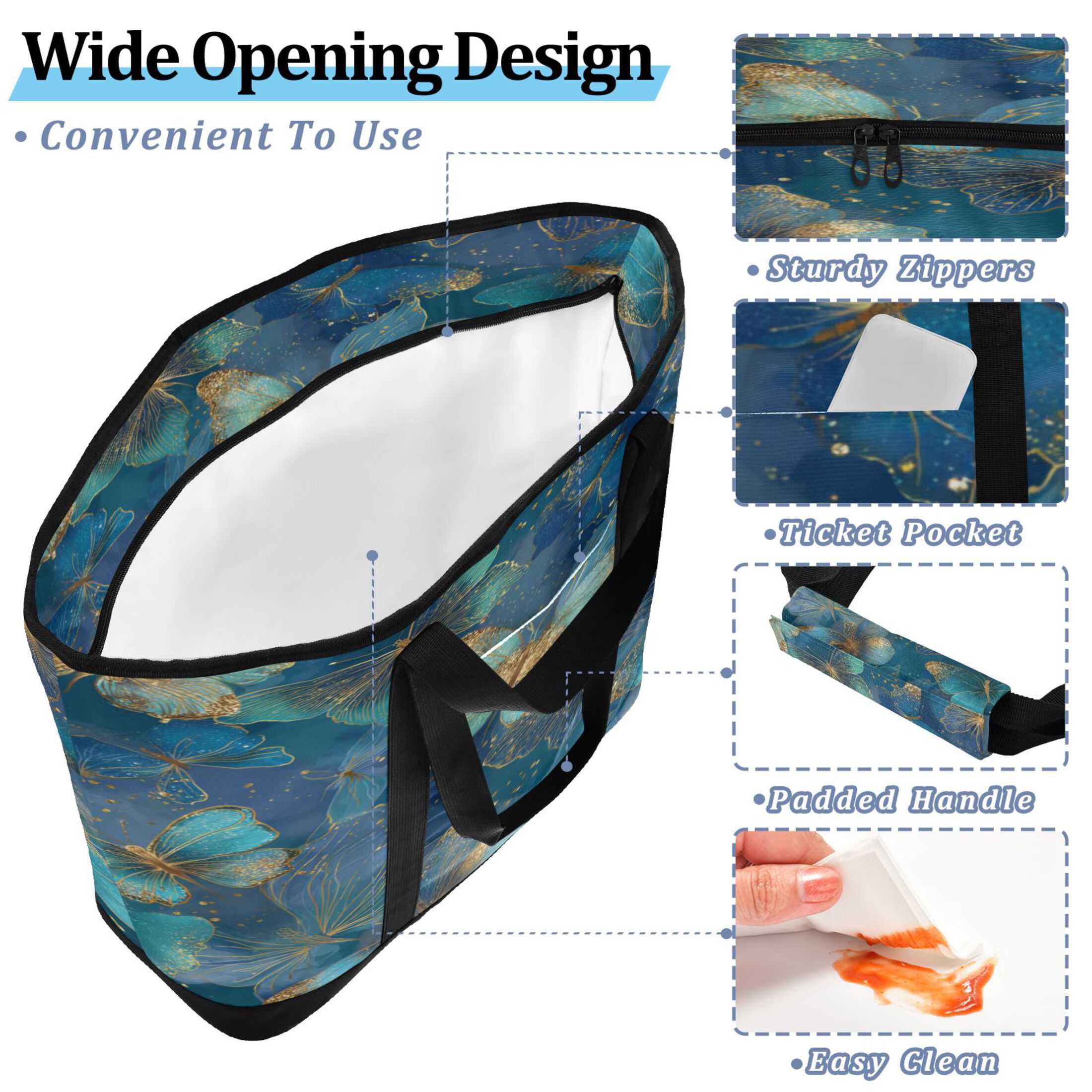 Extra-Large Wide Opening Design Capacity Hand-Held Ice Pack Thickened Insulation Layer For Long-Lasting Cold Retention For Outdoor Shopping Picnics And Camping Gold and Teal Butterflies