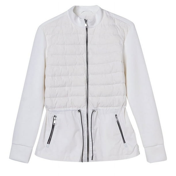 Chaqueta corta ligera de plumón de pato blanco con costuras de tela saludable para mujer, diseño moderno con cordón en la cintura