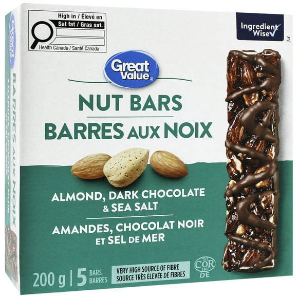 Barres aux noix amandes, chocolat noir et sel de mer Great Value 200&nbsp;g