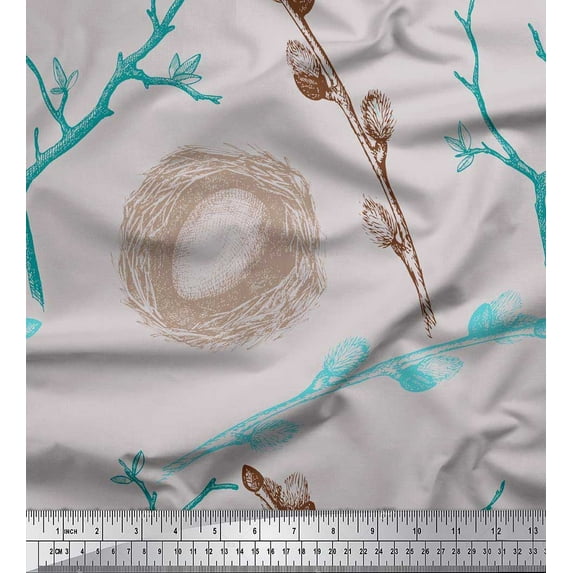 Soimoi Gray Cotton Duck Fabric Nest,Egg & Floral Print Sewing Fabric BTY 56 Inch Wide